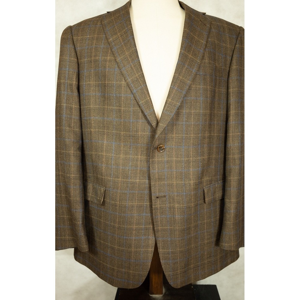 Hart Schaffner Marx Gold Trumpeter Blazer 46L Brown Plaid Blue Windowpane Mens